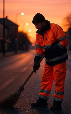 Young man sweeping the road with a broom in the city at sunset